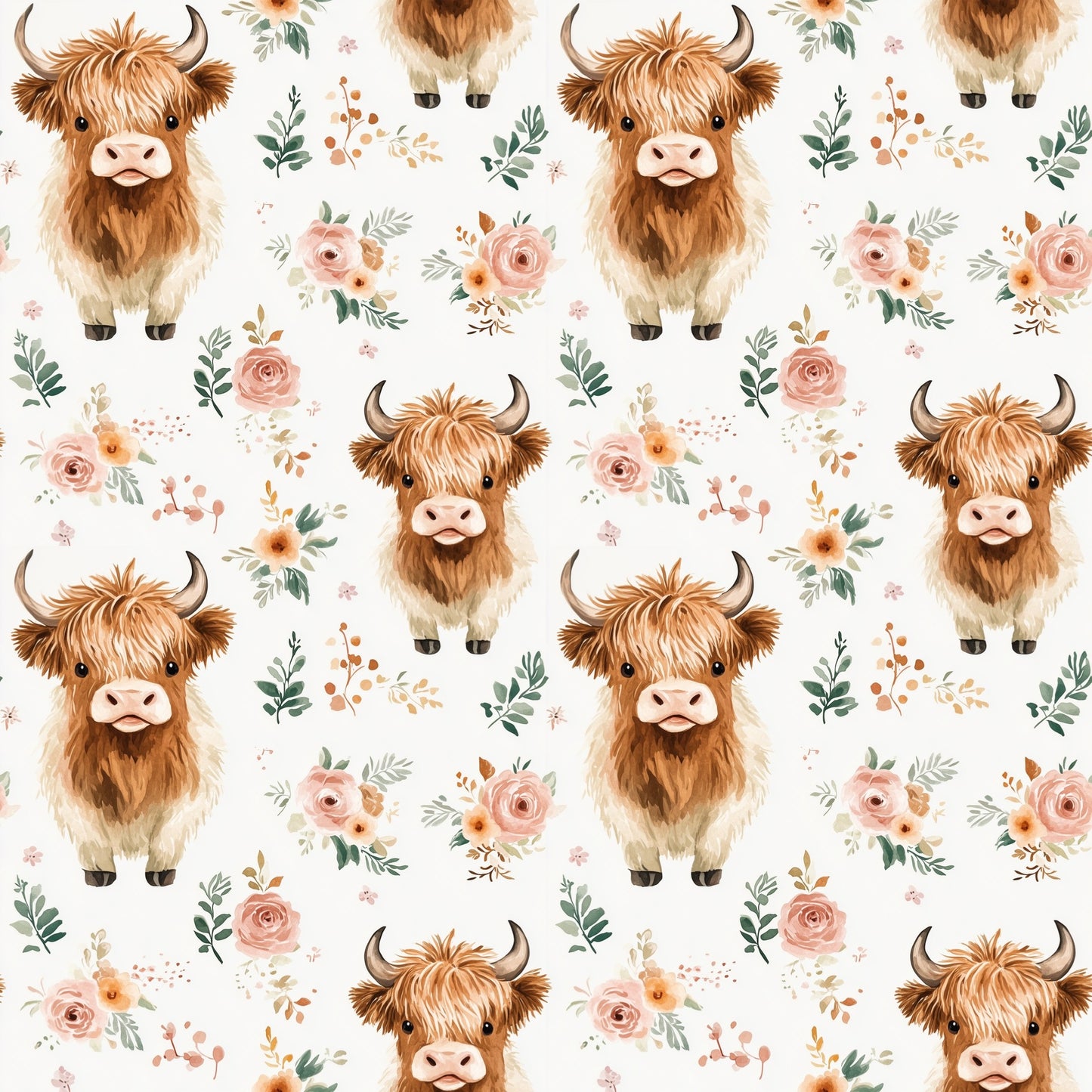 Floral Watercolour Highland Cow Digital Seamless Pattern