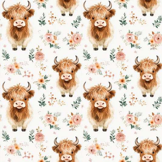 Floral Watercolour Highland Cow Digital Seamless Pattern
