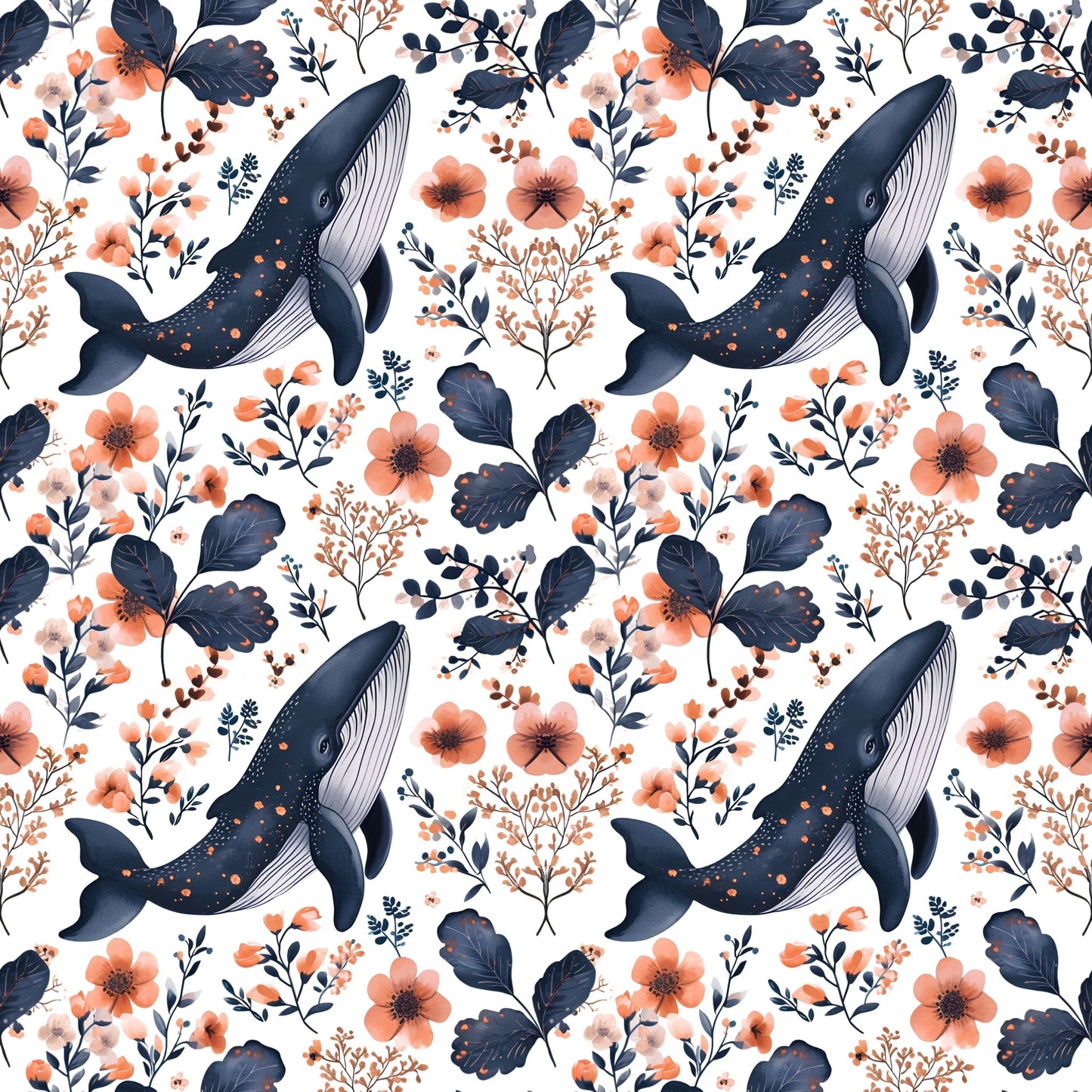 Floral Whale Digital Seamless Pattern