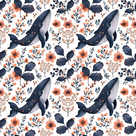 Floral Whale Digital Seamless Pattern