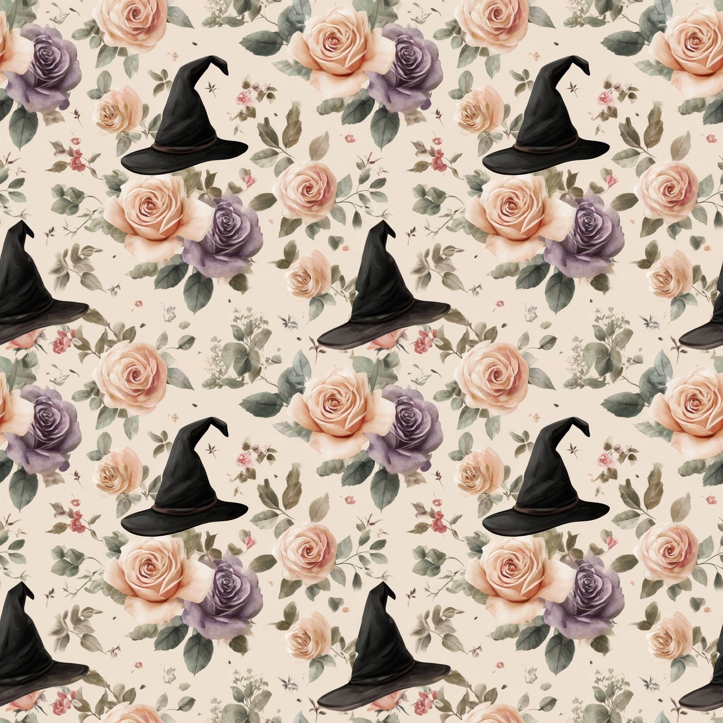 Floral Witch Hat Digital Seamless Pattern