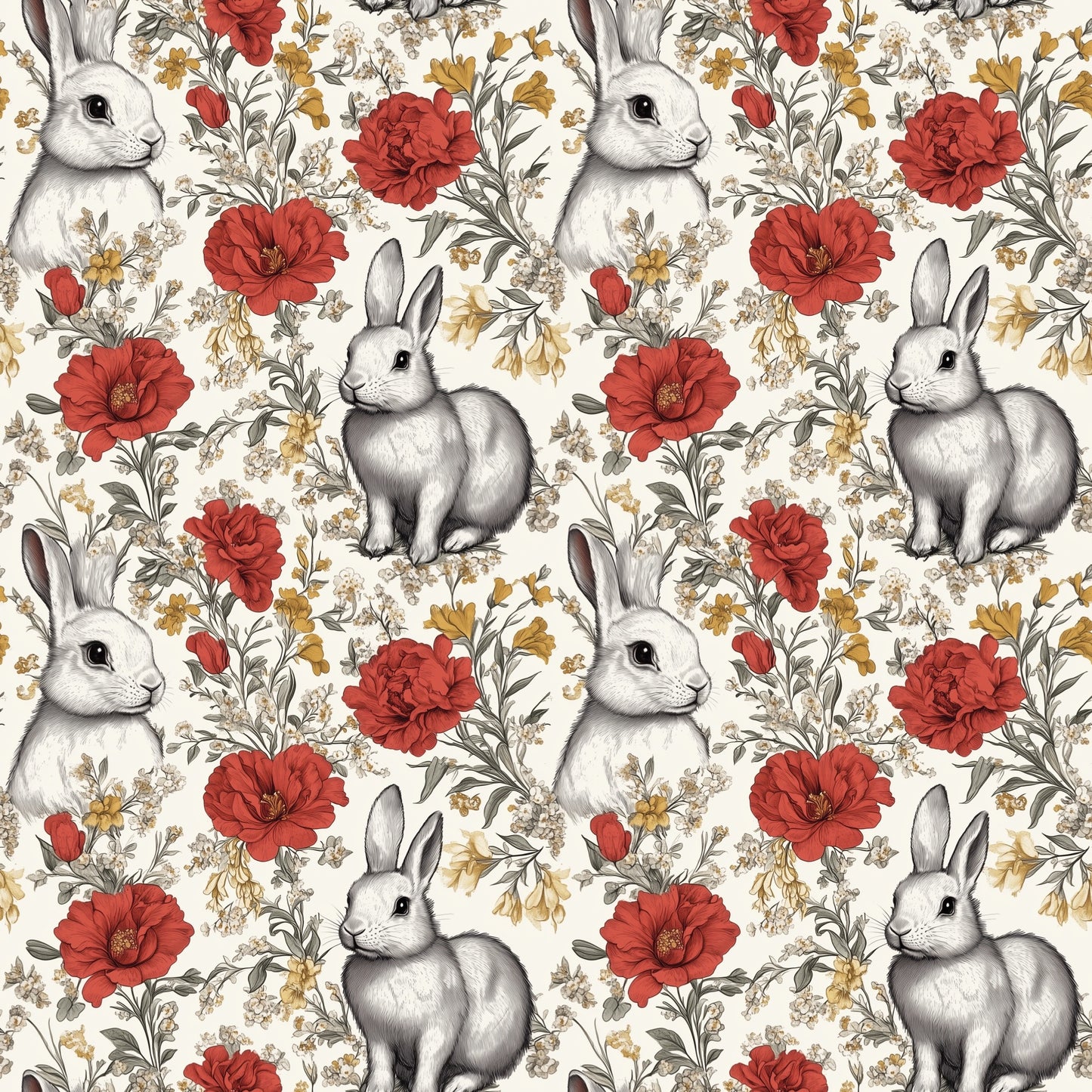 Floral Bunny Rabbits Digital Seamless Pattern