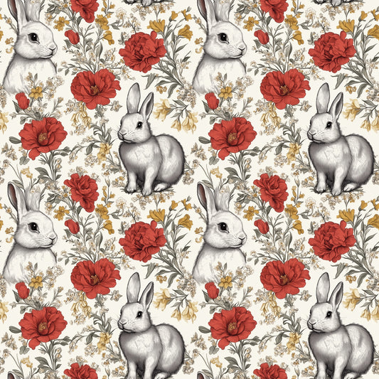 Floral Bunny Rabbits Digital Seamless Pattern