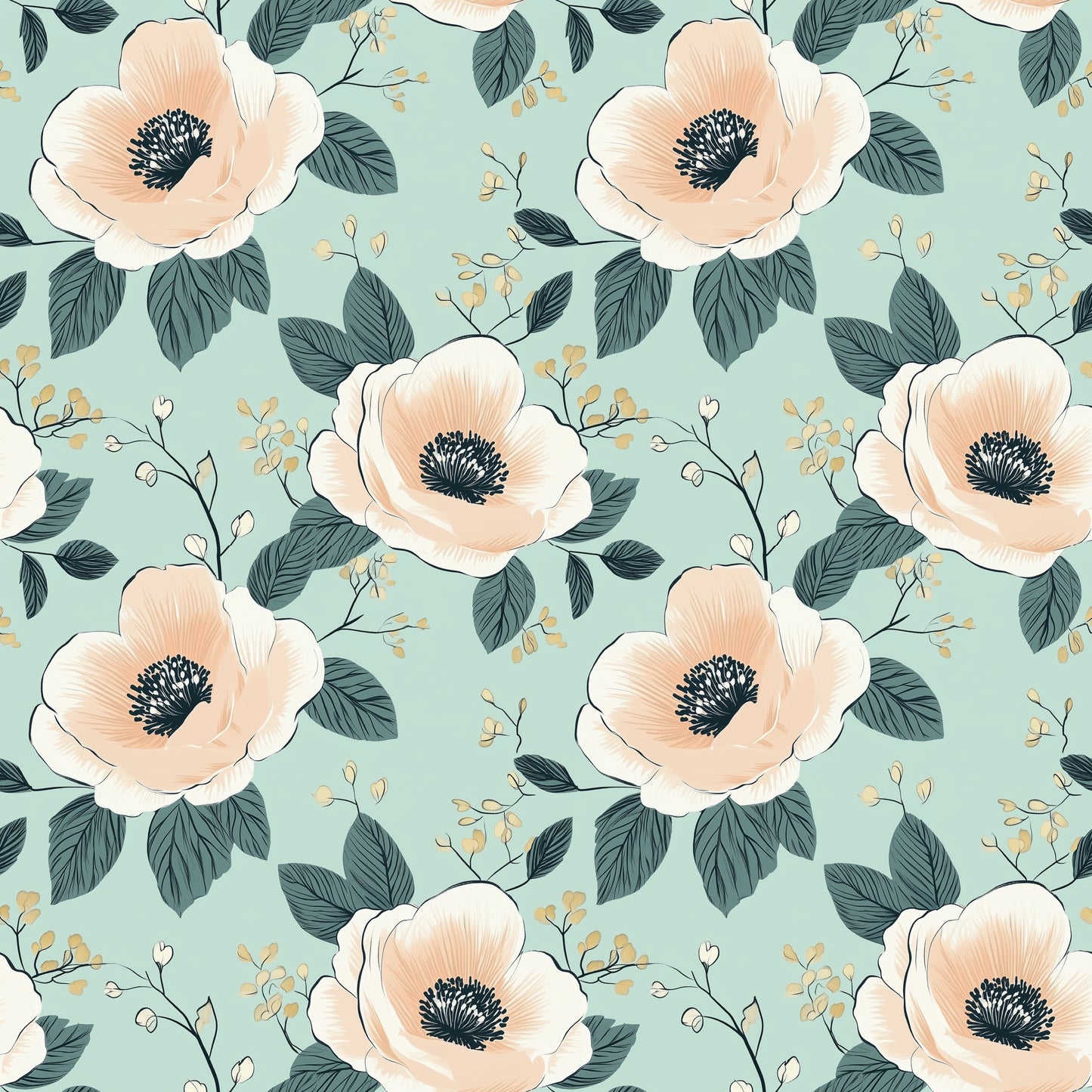 Flowers on Mint Digital Seamless Pattern