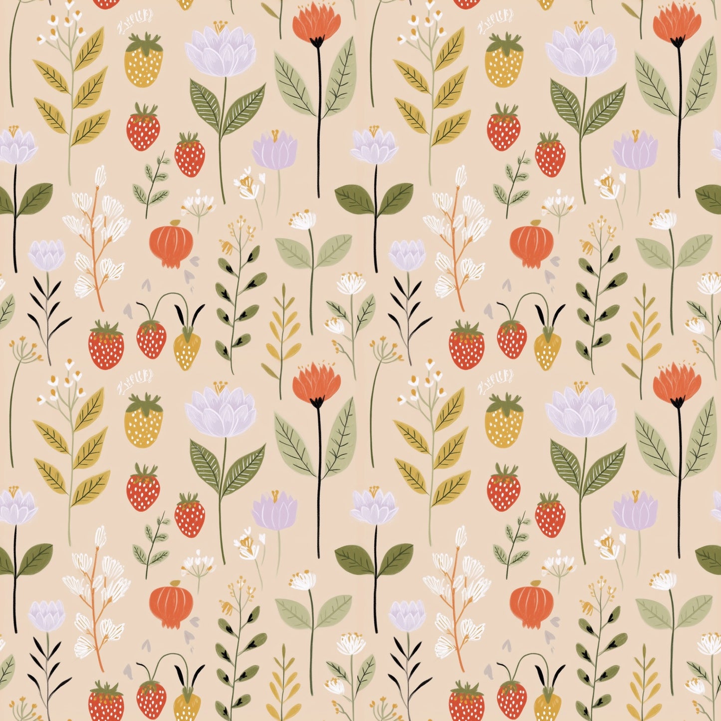 Flowery Strawberries Digital Seamless Pattern