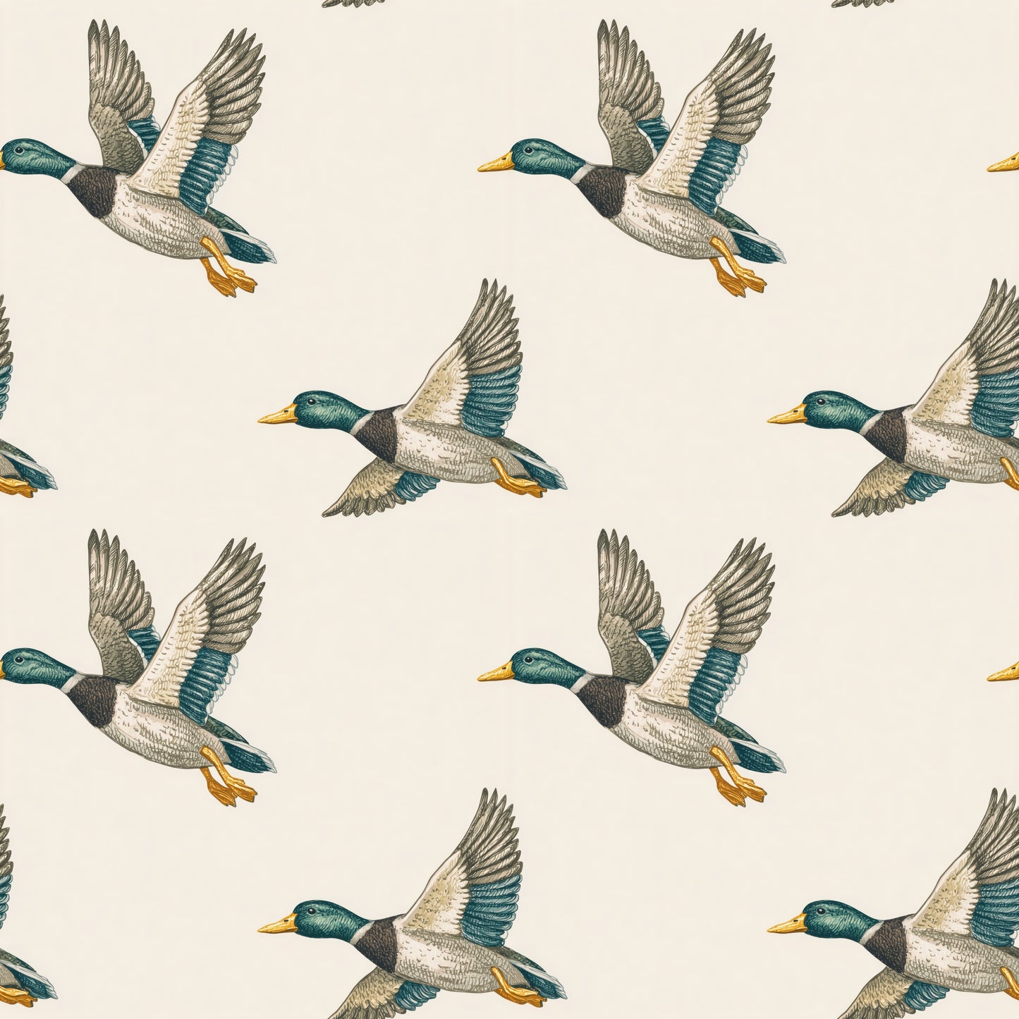 Flying Mallards on Cream Digital Seamless Pattern