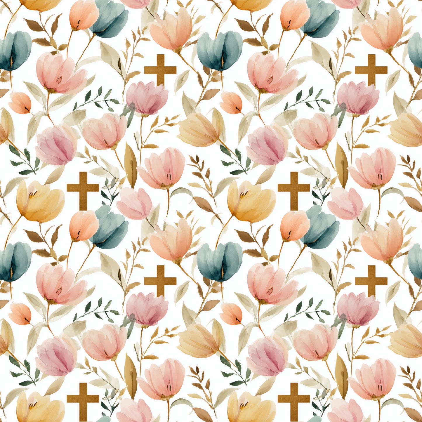 Gold Crosses in Flowers Digital Seamless Pattern