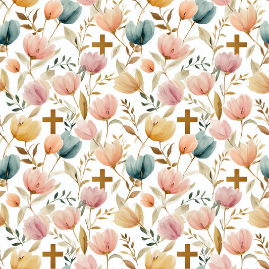 Gold Crosses in Flowers Digital Seamless Pattern