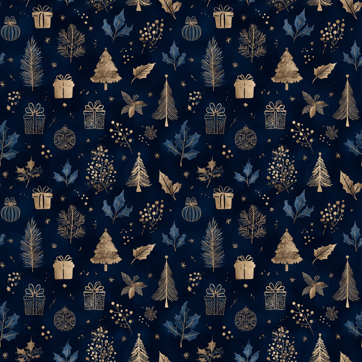 Golden Blue Christmas Digital Seamless Pattern