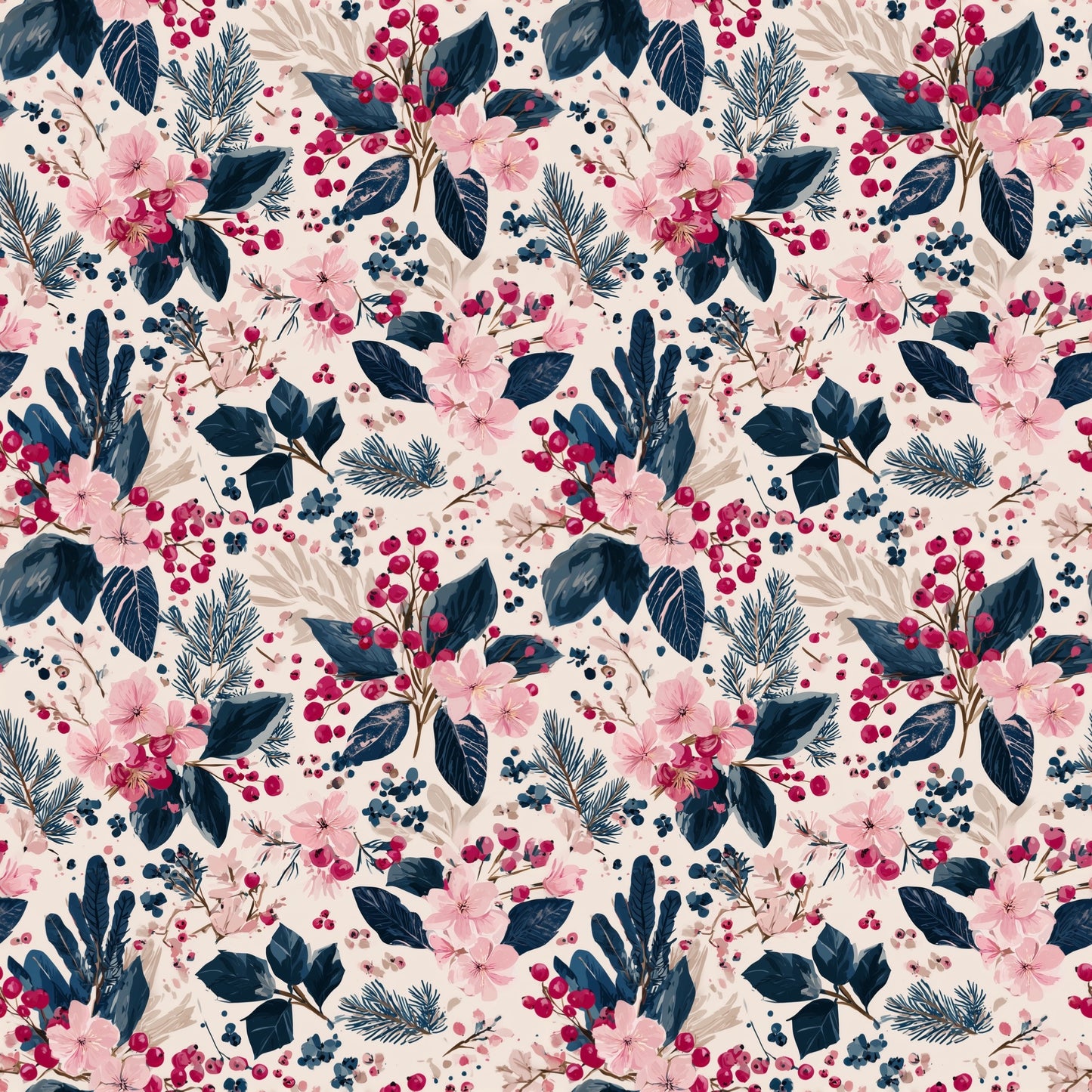 Gouache Christmas Floral Digital Seamless Pattern
