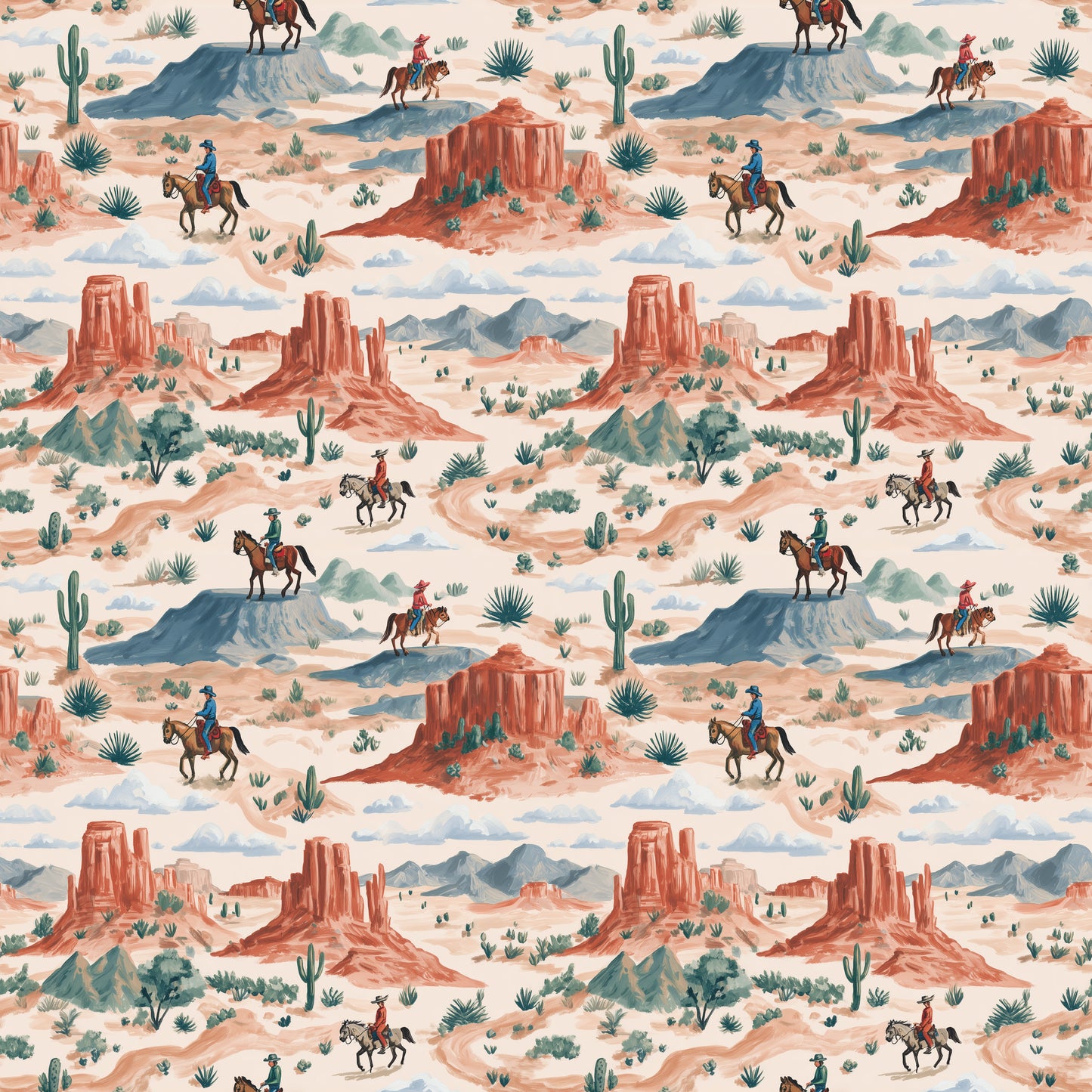 Gouache Cowboys Digital Seamless Pattern