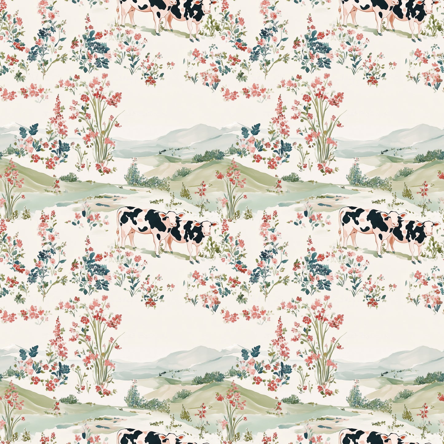 Grazing Cows Meadow Digital Seamless Pattern