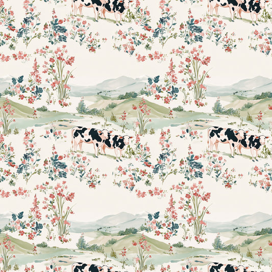 Grazing Cows Meadow Digital Seamless Pattern