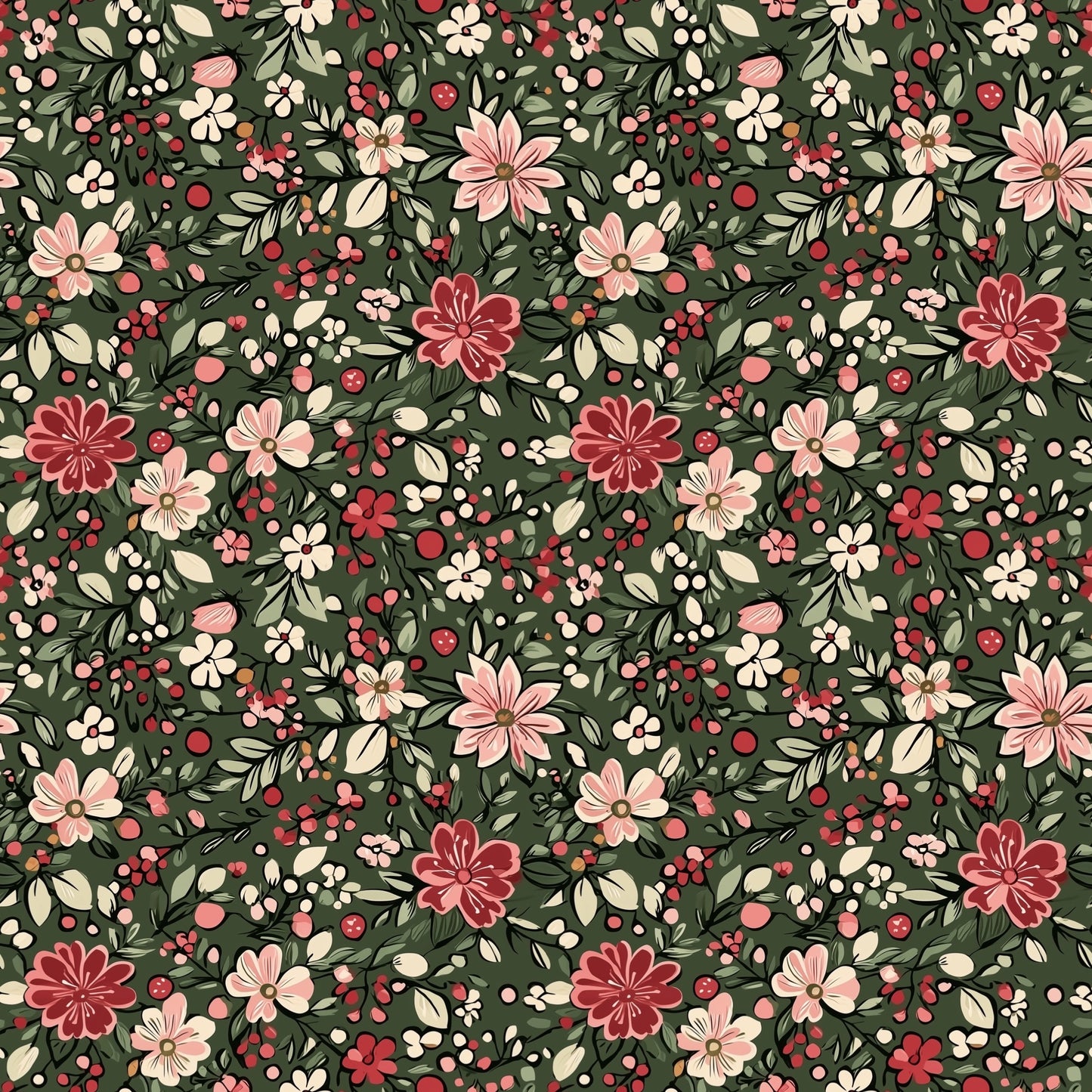Green Christmas Retro Floral Digital Seamless Pattern