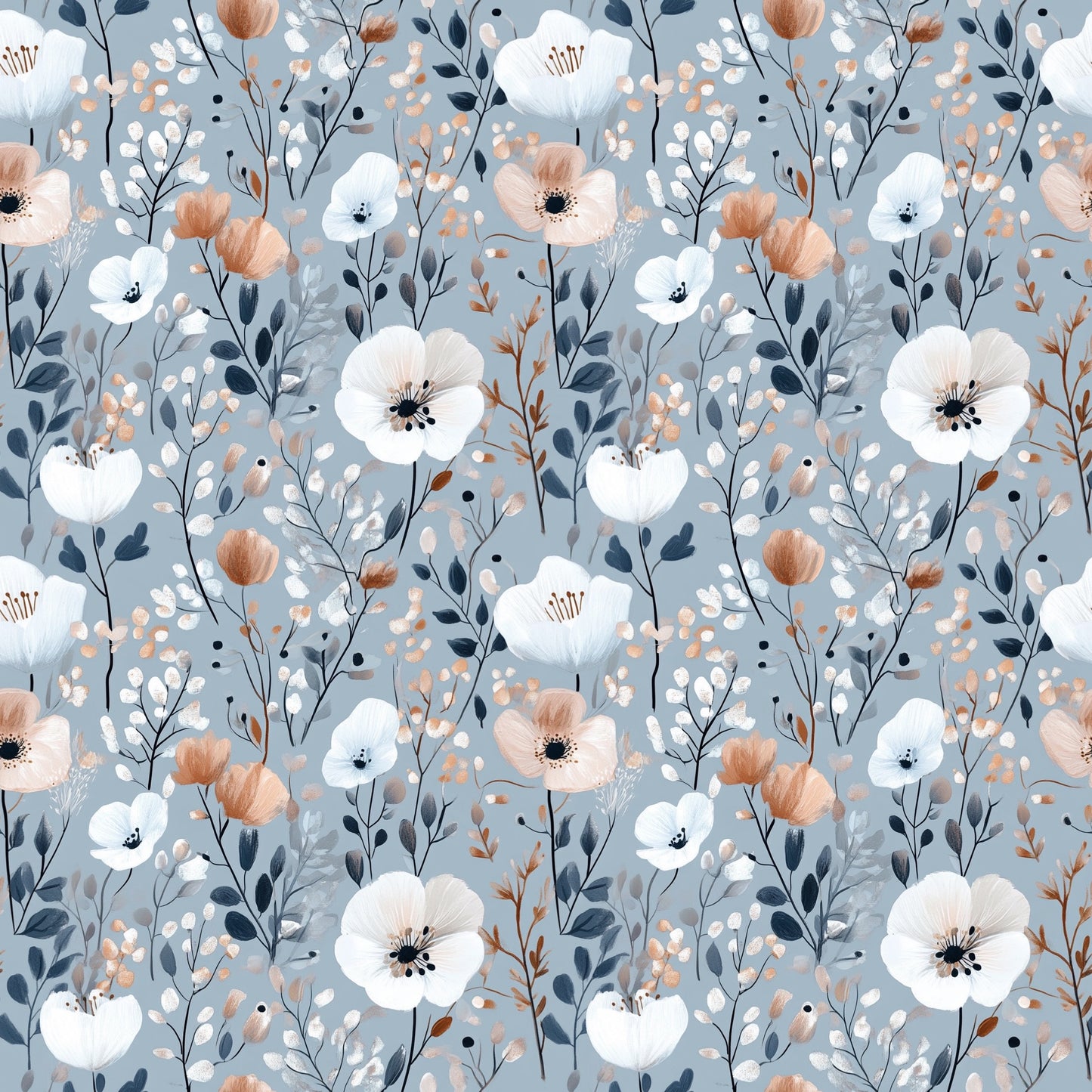 Grey Boho Blooms Digital Seamless Pattern