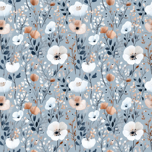 Grey Boho Blooms Digital Seamless Pattern