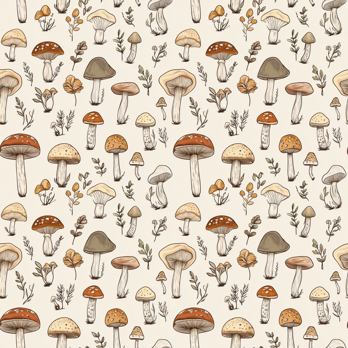 Hand-Drawn Mushrooms Digital Seamless Pattern
