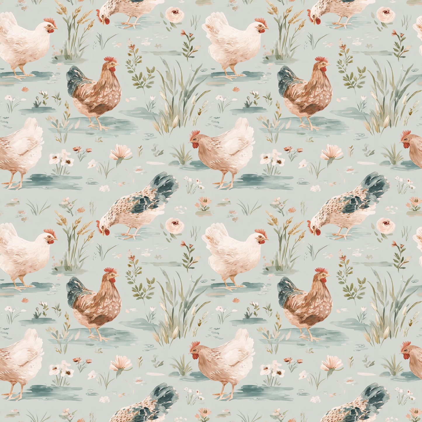 Hand Painted Chickens Digital Seamless Pattern