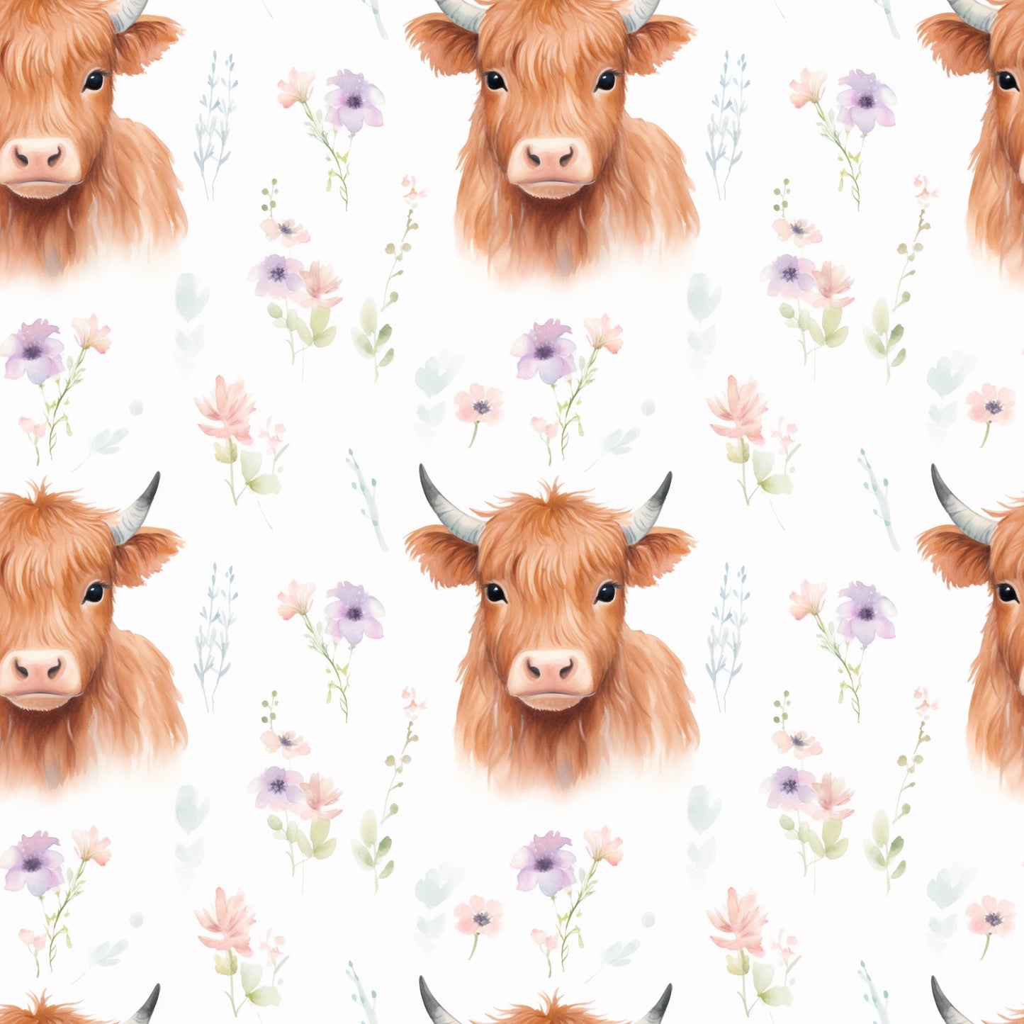 Highland Cow Floral Digital Seamless Pattern