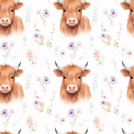 Highland Cow Floral Digital Seamless Pattern