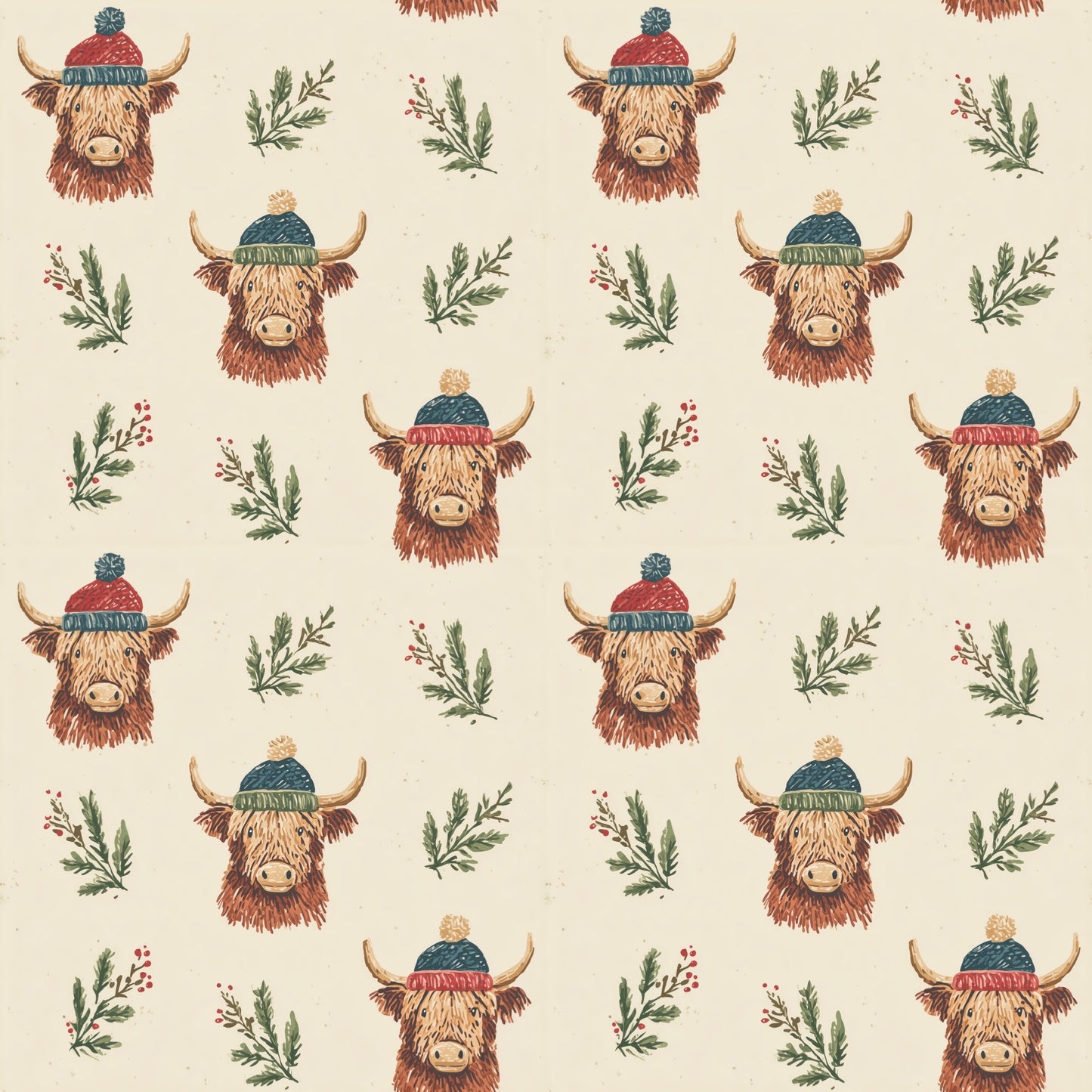 Highland Cow Winter Hats Digital Seamless Pattern