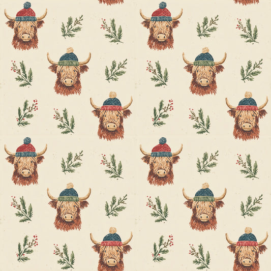 Highland Cow Winter Hats Digital Seamless Pattern