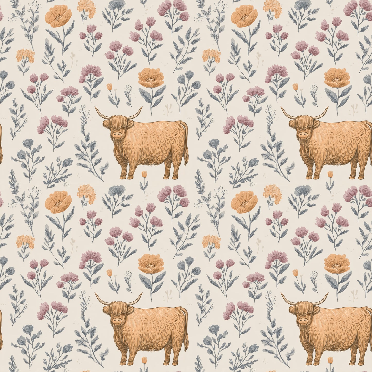 Highland Cows & Scattered Flowers Digital Seamless Pattern