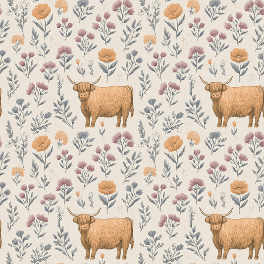 Highland Cows & Scattered Flowers Digital Seamless Pattern