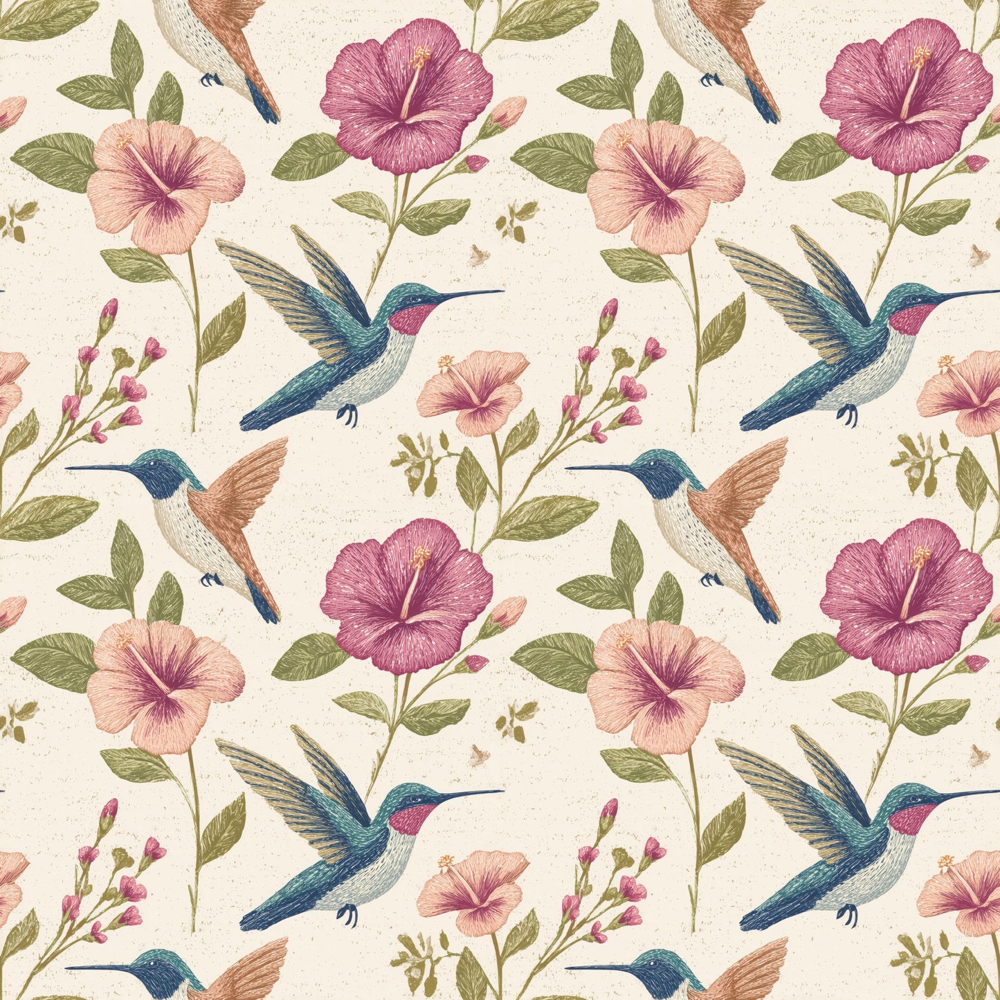 Hummingbirds on Cream Digital Seamless Pattern