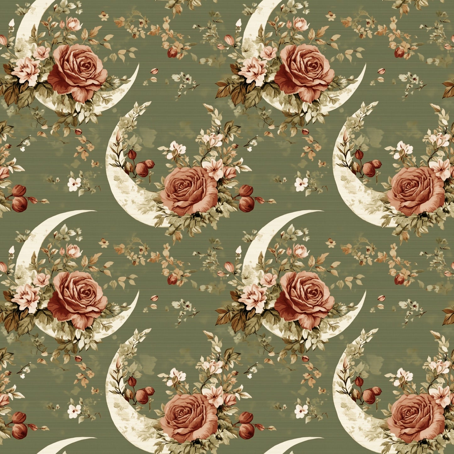 Khaki Floral Moons Digital Seamless Pattern