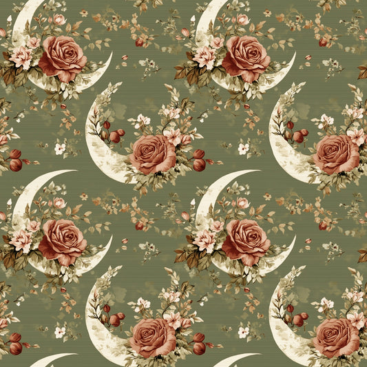 Khaki Floral Moons Digital Seamless Pattern