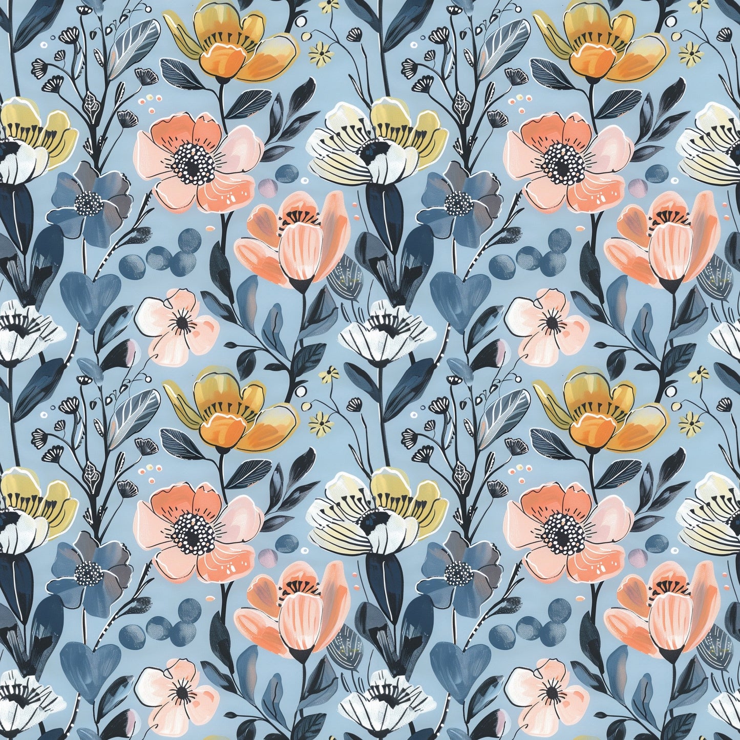 Large Blue Blossom Digital Seamless Pattern