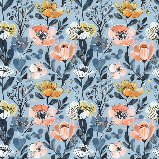 Large Blue Blossom Digital Seamless Pattern