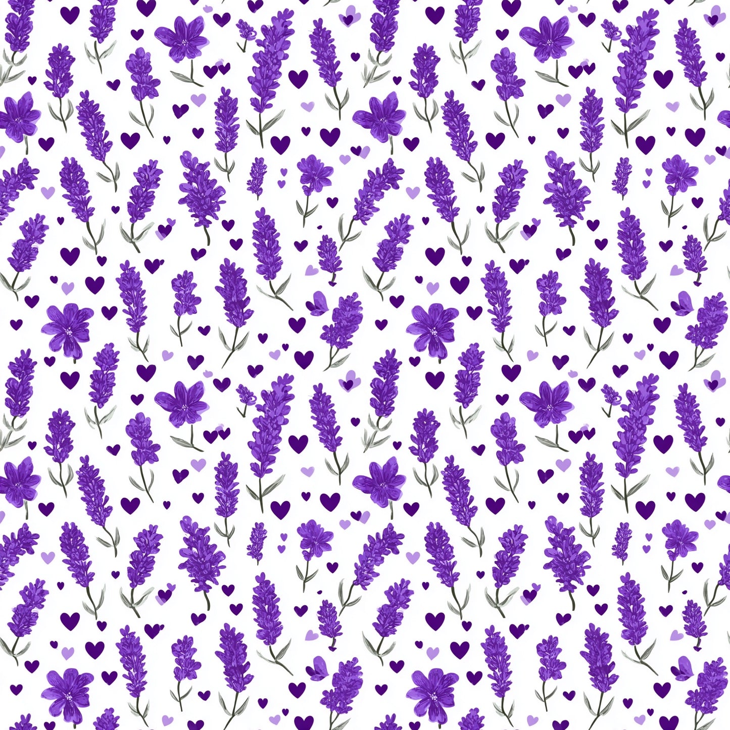 Lavender Flowers & Hearts Digital Seamless Pattern