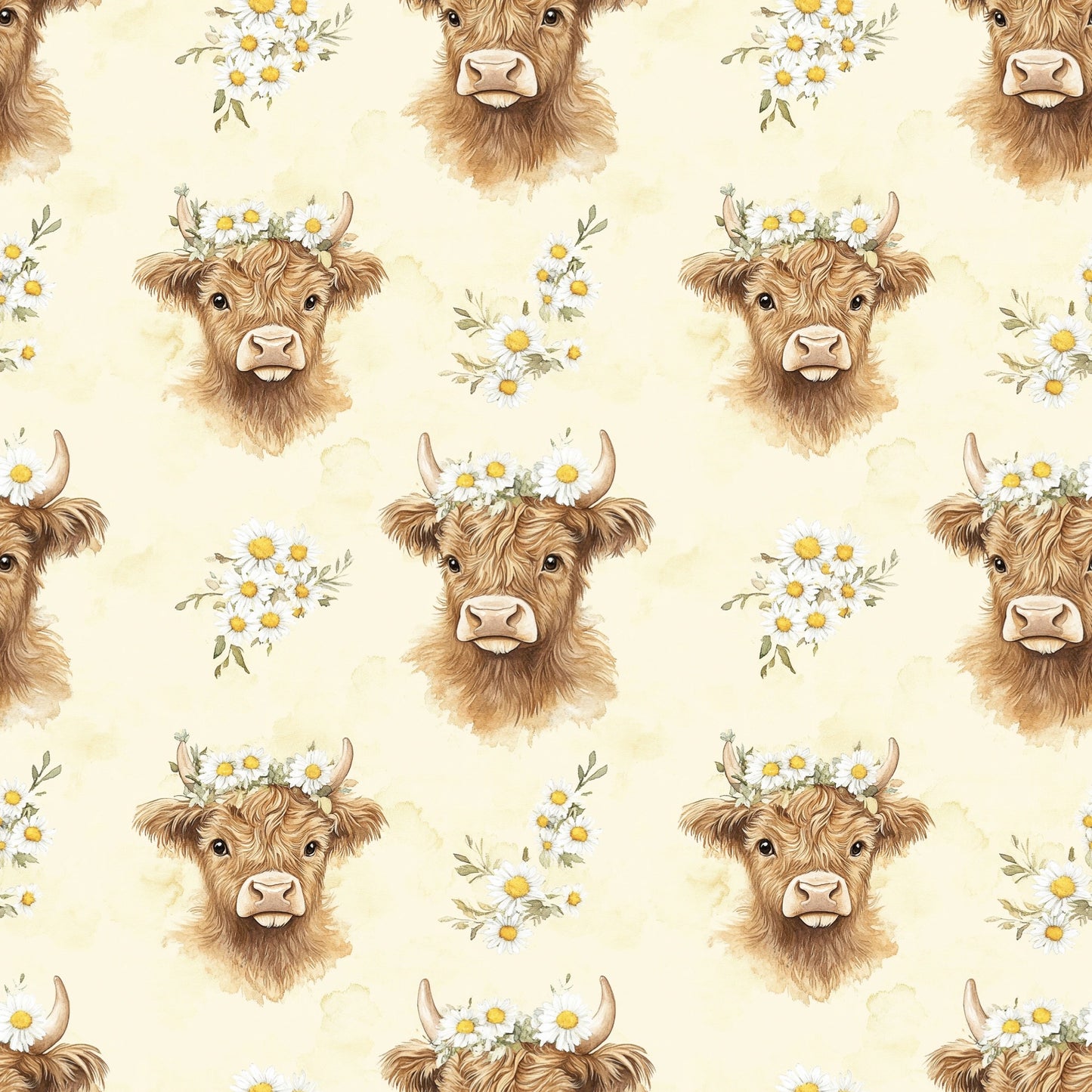 Lemon Floral Highland Cow Digital Seamless Pattern