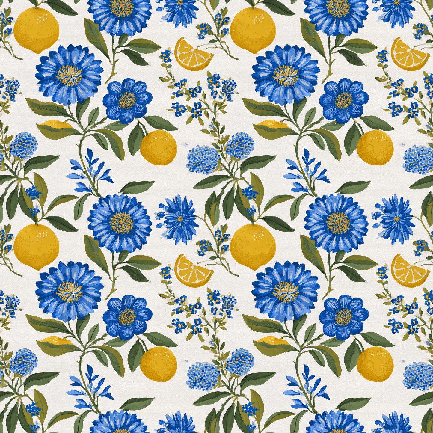 Lemons & Blue Floral Digital Seamless Pattern