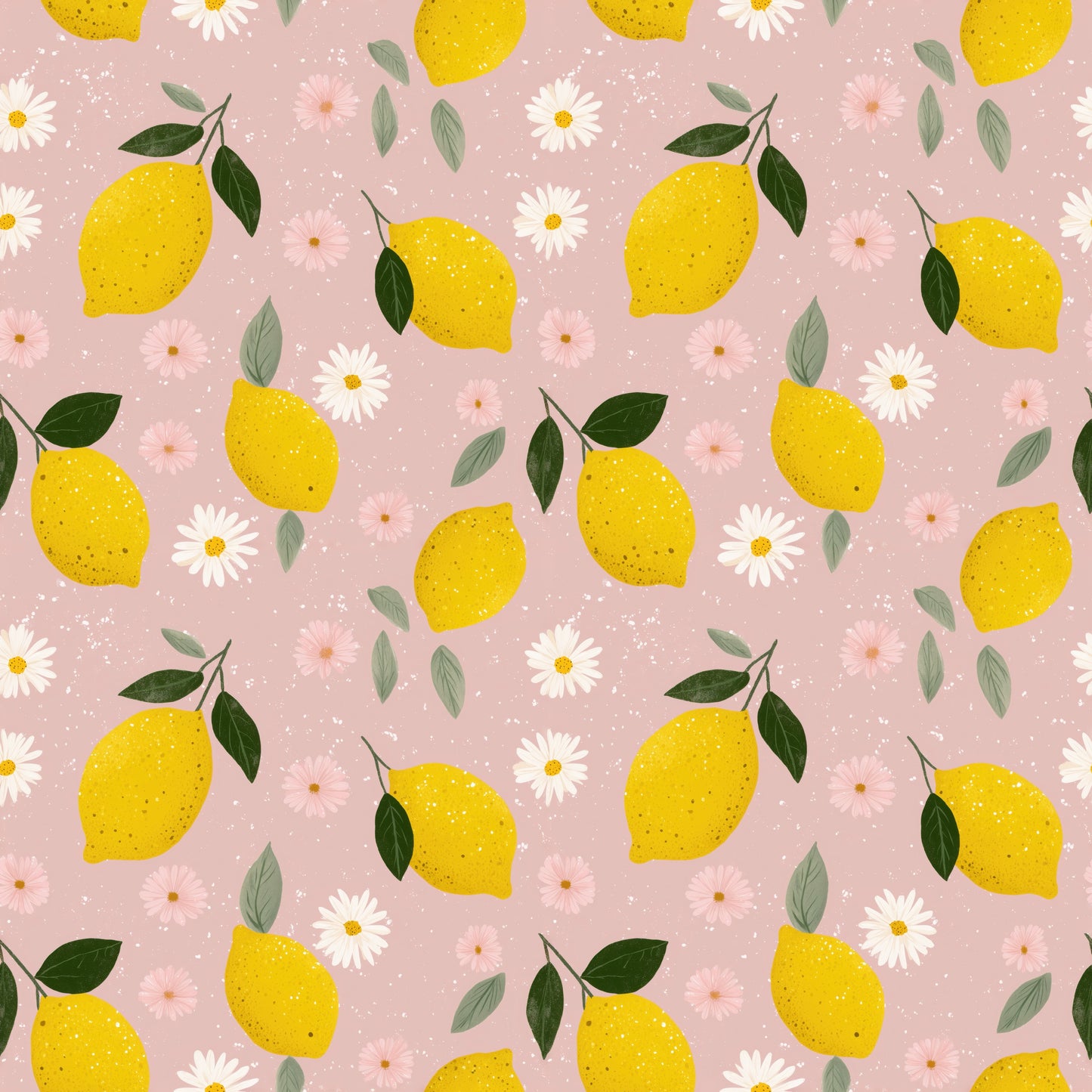 Lemons & Pink Daisies Digital Seamless Pattern