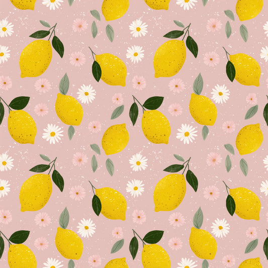 Lemons & Pink Daisies Digital Seamless Pattern