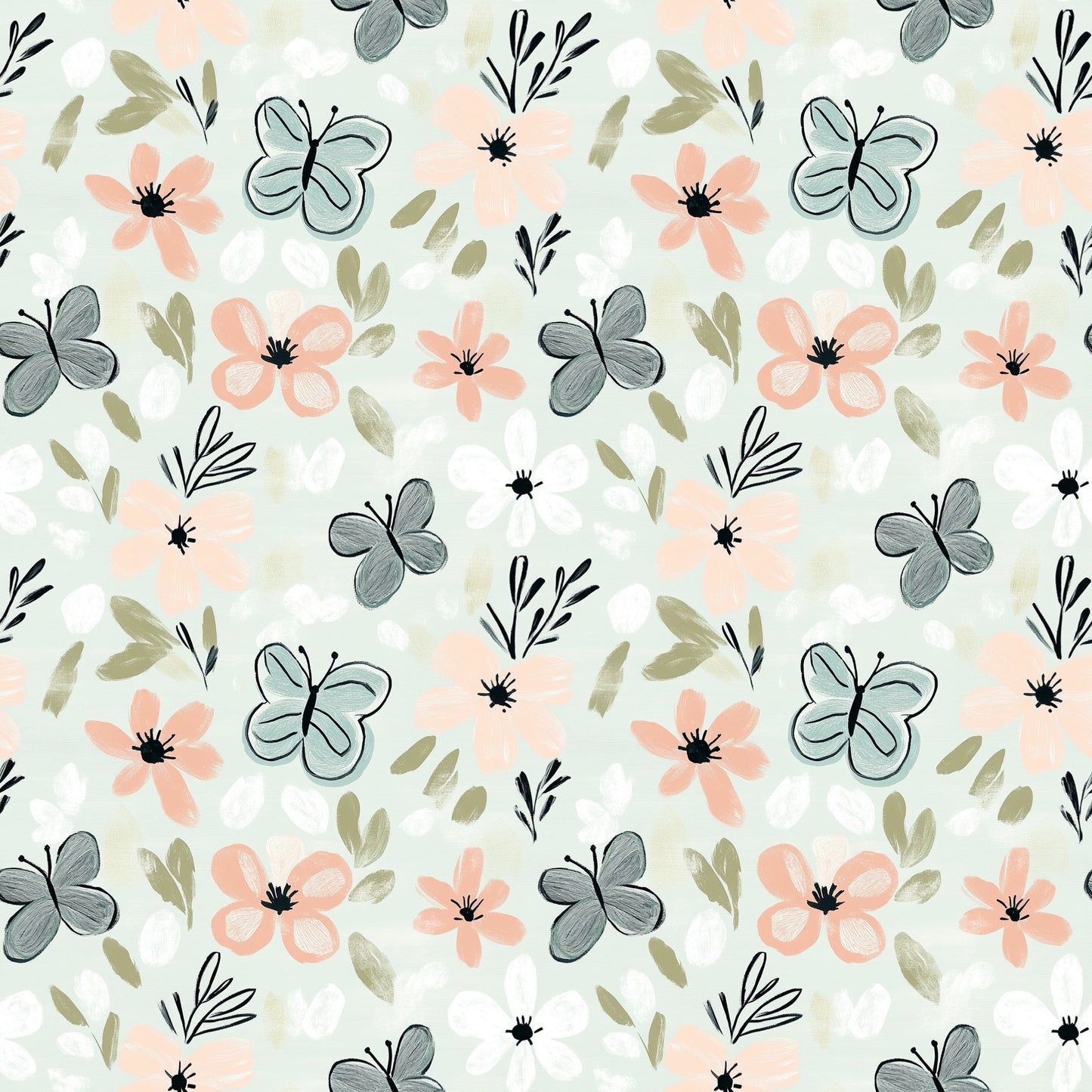 Light Spring Floral Butterfly Digital Seamless Pattern