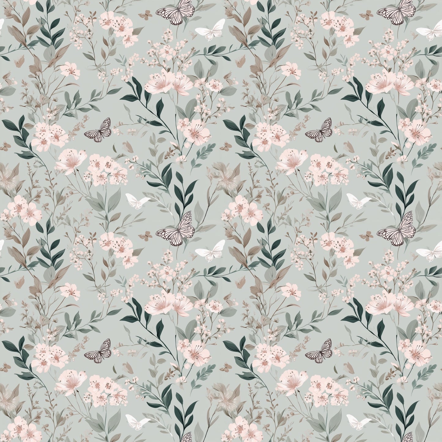 Light Teal Floral Butterflies Digital Seamless Pattern
