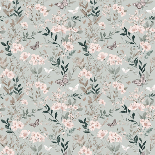 Light Teal Floral Butterflies Digital Seamless Pattern