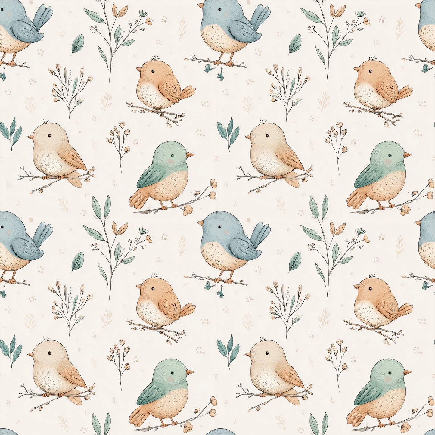 Little Woodland Birds Digital Seamless Pattern