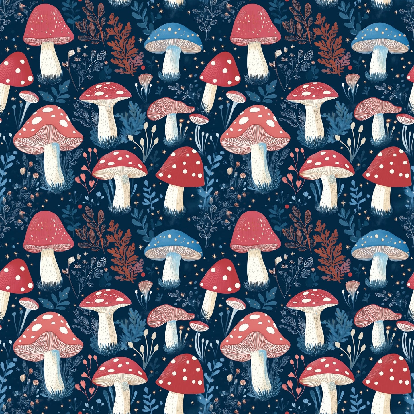 Midnight Mushrooms Digital Seamless Pattern