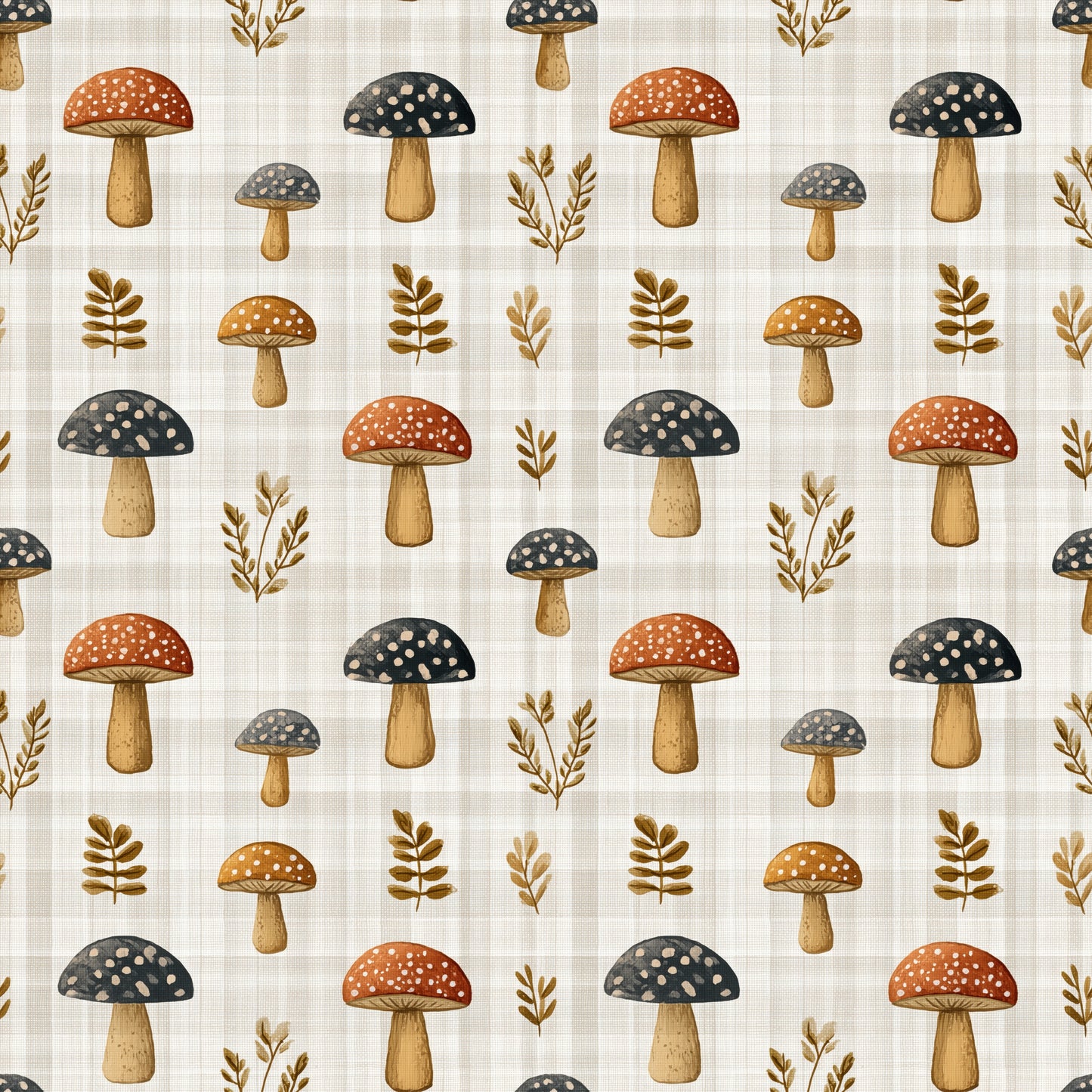 Mushrooms on Linen Digital Seamless Pattern