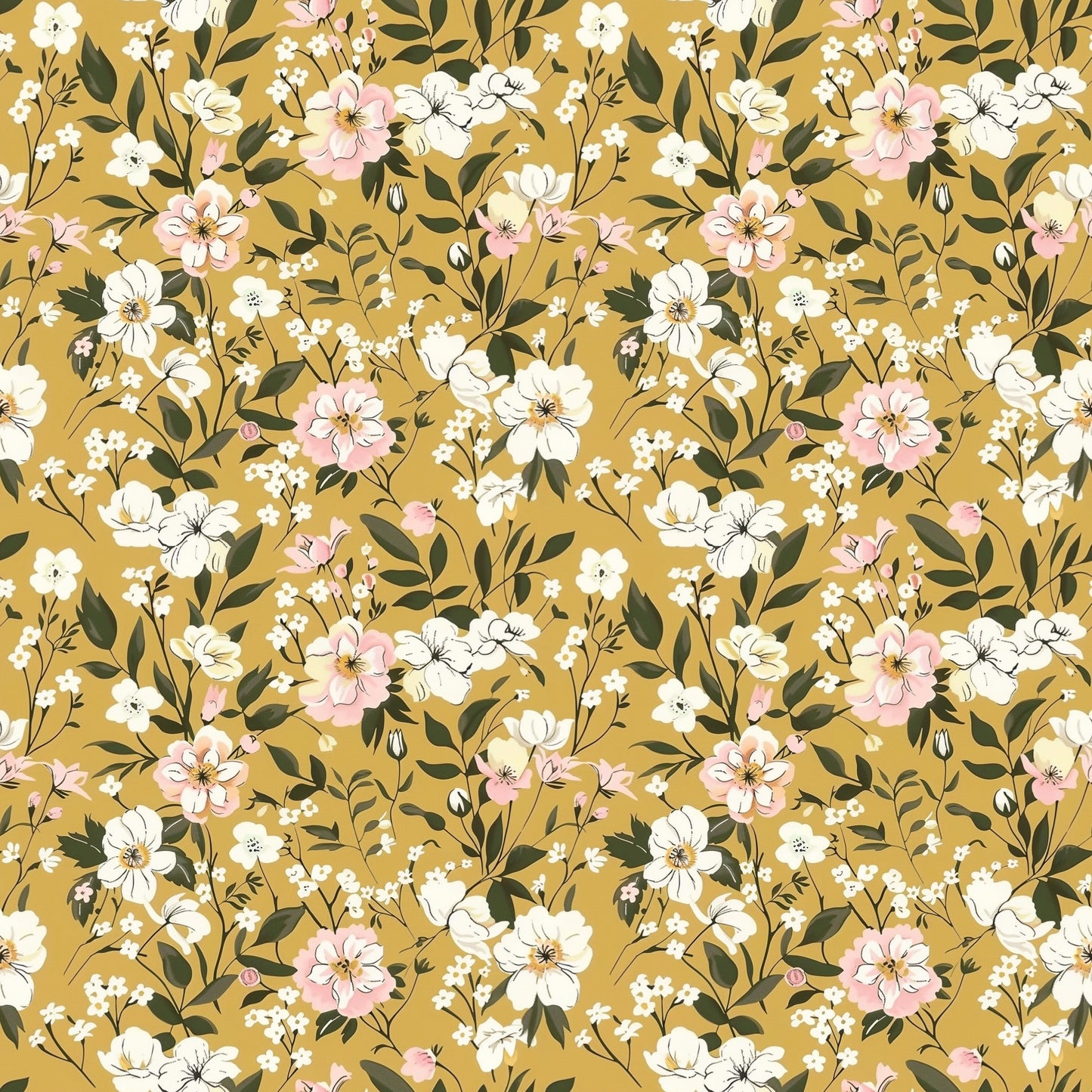Mustard Pink Flowers Digital Seamless Pattern