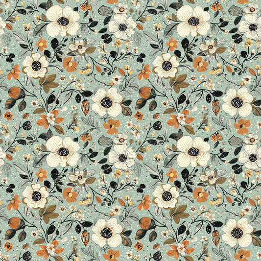 Muted Teal Floral Digital Seamless Pattern