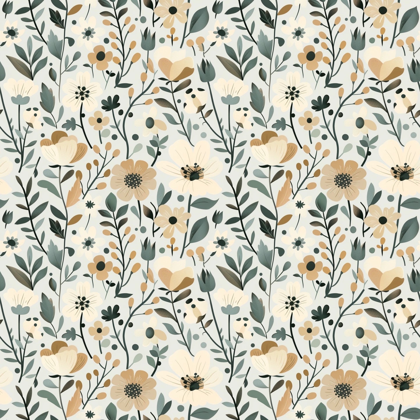 Muted Coffee Cream Floral Field Digital Seamless Pattern