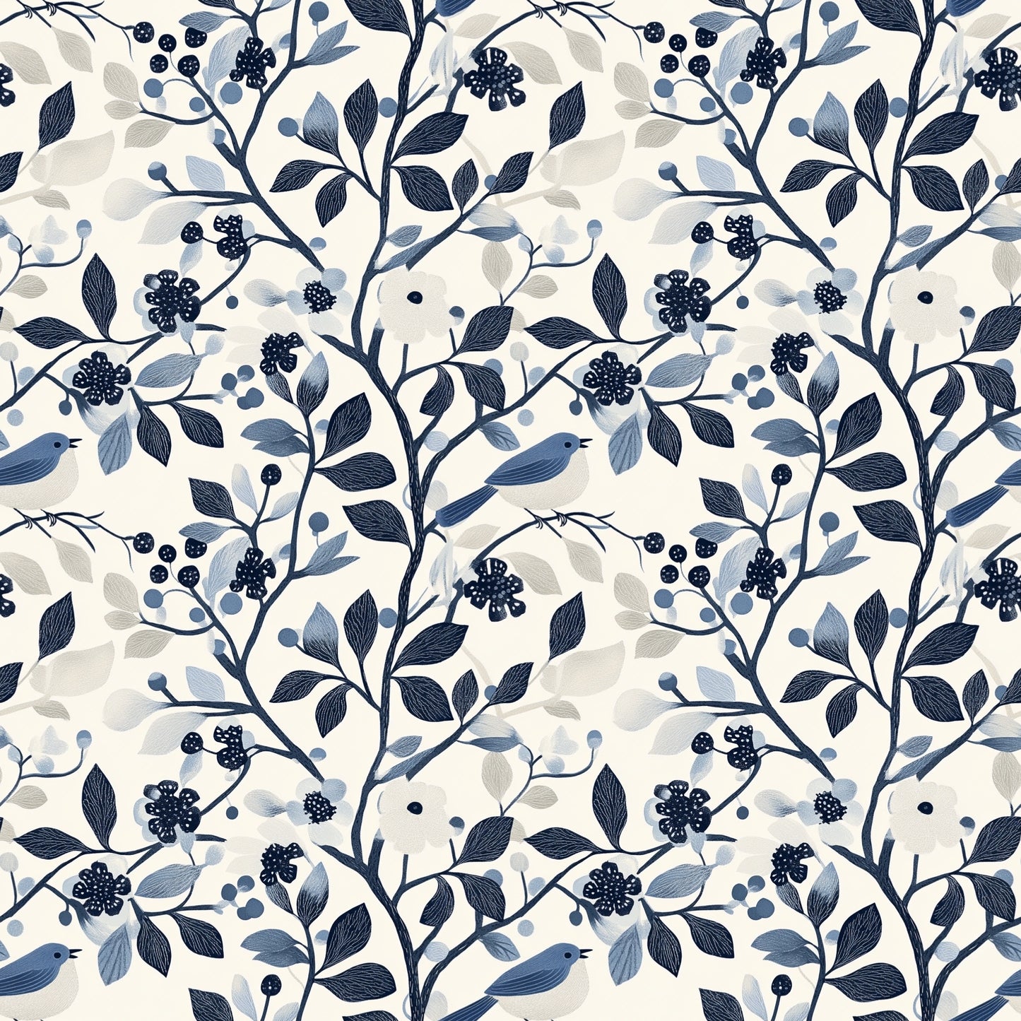 Navy Blue Bird Floral Digital Seamless Pattern