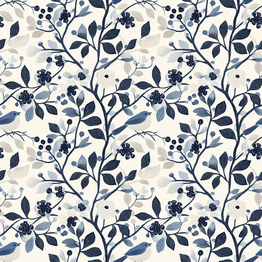 Navy Blue Bird Floral Digital Seamless Pattern