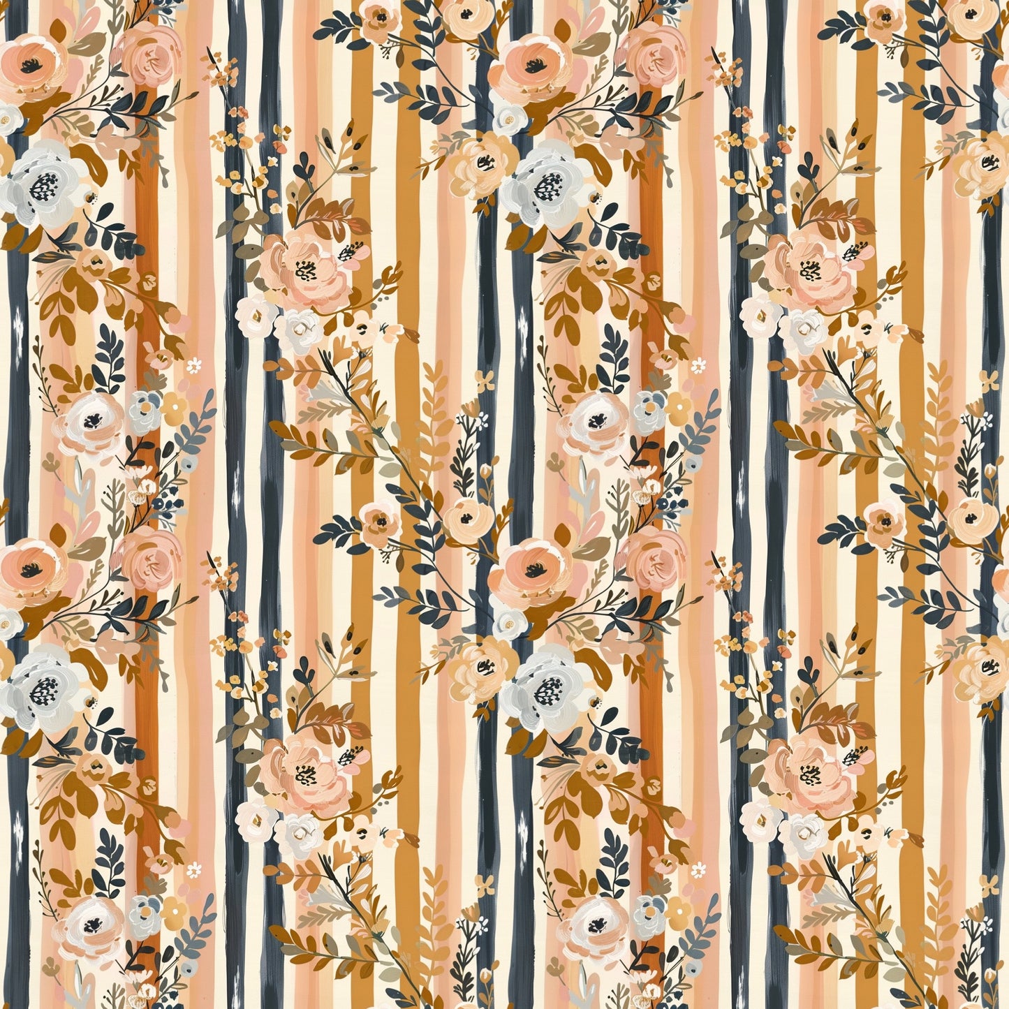 Navy Brown Floral Stripes Digital Seamless Pattern
